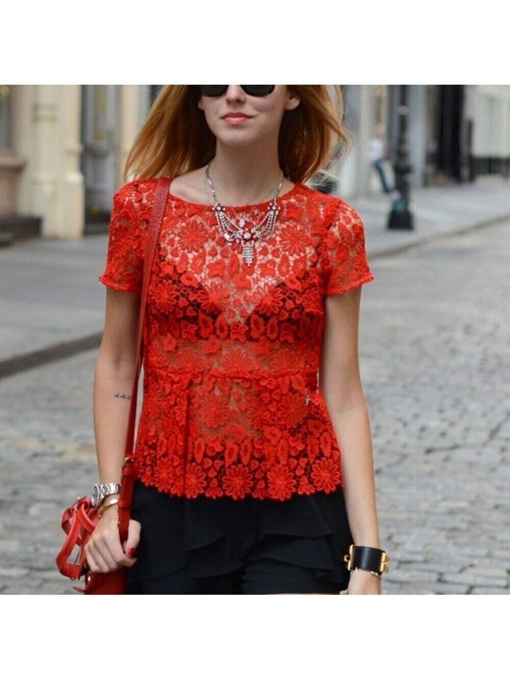 Zara Crochet Peplum Button Back Blouse XS